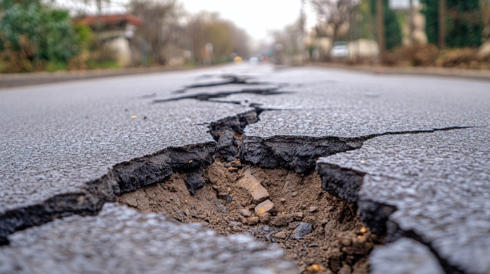 Close-up of badly cracked and broken asphalt pavement exposing the soil and stone base underneath