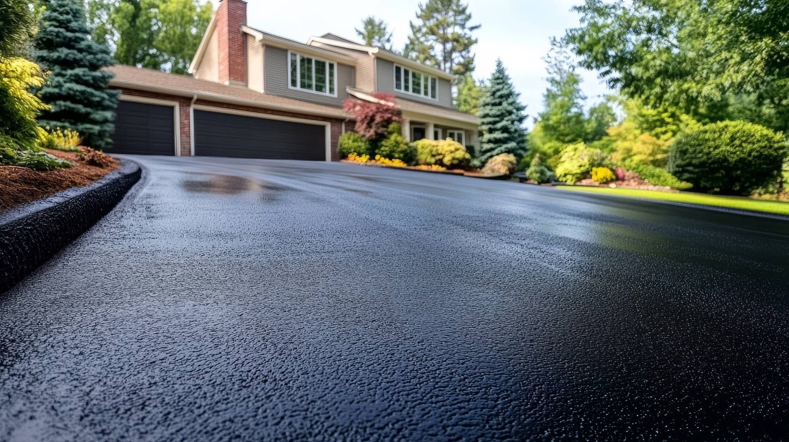 Close-up of a freshly paved blacktop driveway curving up to a home with a three-car garage and landscaping