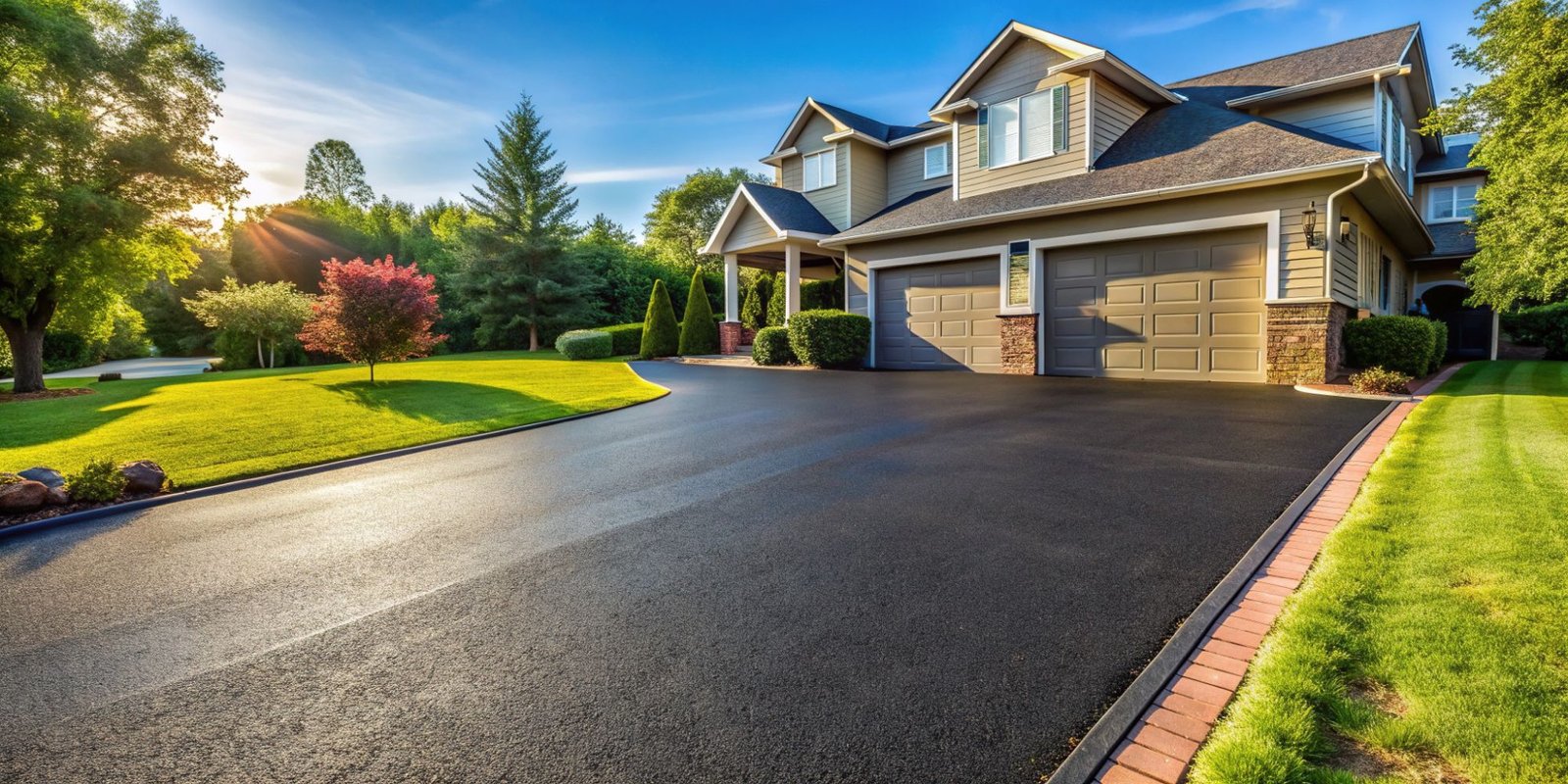 New black asphalt driveway with brick edging leading to a two-car garage, with green lawns and evening sun